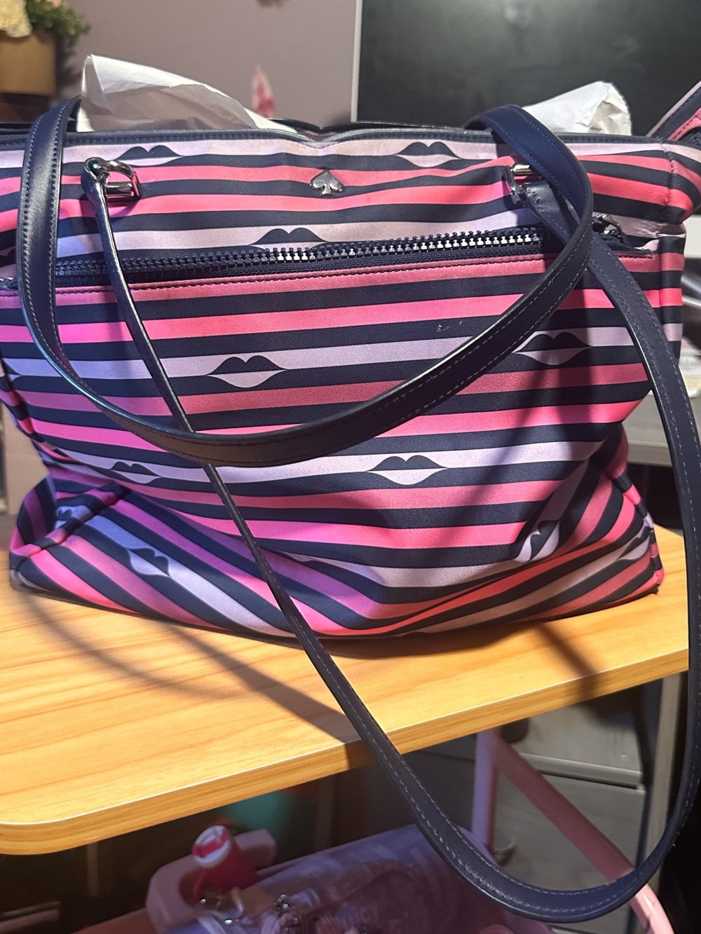 kate spade Pink and Navy Striped Tote with Lip Print
